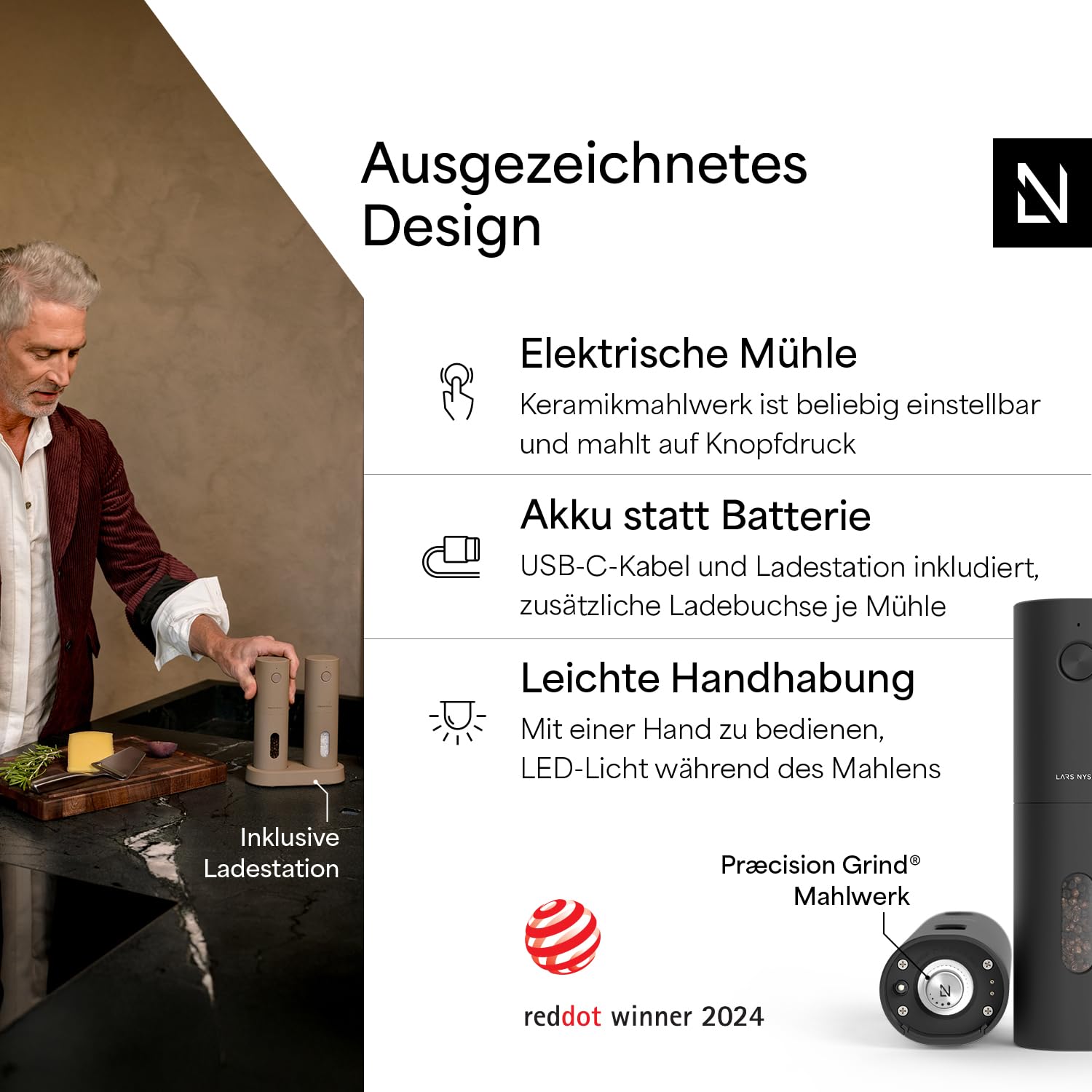 LARS NYSØM Salz und Pfeffer Mühle Elektrisch 2er Set mit einstellbarem Keramik-Mahlwerk von grob bis fein I Design Gewürzmühlenset Automatisch (2 Stück, Onyx Black) 2