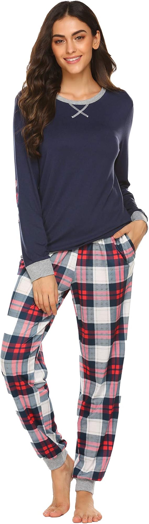 Pyjama Femme Ekouaer En Satin - Set 2 Pièces Manches Longues, Col Cranté, Taille élastique