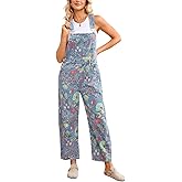 YEXPINE Womens Denim Overall Casual Straight Wide Leg Adjustable Strap Floral Print Jean Bib Jumpsuit with Pockets
