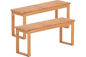 Tangkula Acacia Wood Outdoor Bench Backless Set of 2, 2-Person Wood Patio Bench with Slatted Seat, Outdoor Backless Dining Be