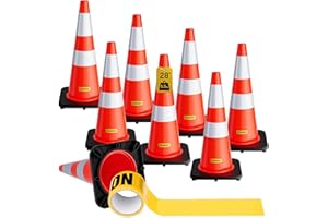 CAMMOO 8 Pack 28 Inch Traffic Cones with Black Base, from -22℉ to 131℉, MUTCD-Compliant Orange Safety Cone with Reflective Collar ＆ Extra Caution Tape for Parking Lot, Construction Work, Road Safety