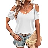 Eachyes Womens Summer Cold Shoulder Tops Low Back Short Sleeve V Neck T Shirts Sexy Casual