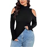 GORGLITTER Women's Plus Size Fall Tops Casual Trendy Cold Shoulder Long Sleeve Turtle Neck Fitted Tees Going Out Tops