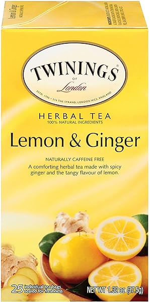 TWININGS OF LONDON LEMON & GINGER HERBAL TEA BAGS, 25 COUNT