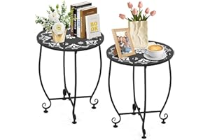 EVELOMO 2Pack Outdoor Side Table,Outdoor Small Table,Weather Metal Resistant Steel Patio Side Table, Round Outside Table for Porch, Garden,Indoor&Outdoor,Black(Style A)