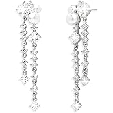 Sonateomber Long Pearl Dangle Drop Earrings for Women, Sparkly CZ Rhinestone Tassels Dangling Earings Prom Wedding Accessories Fashion Jewelry Gift