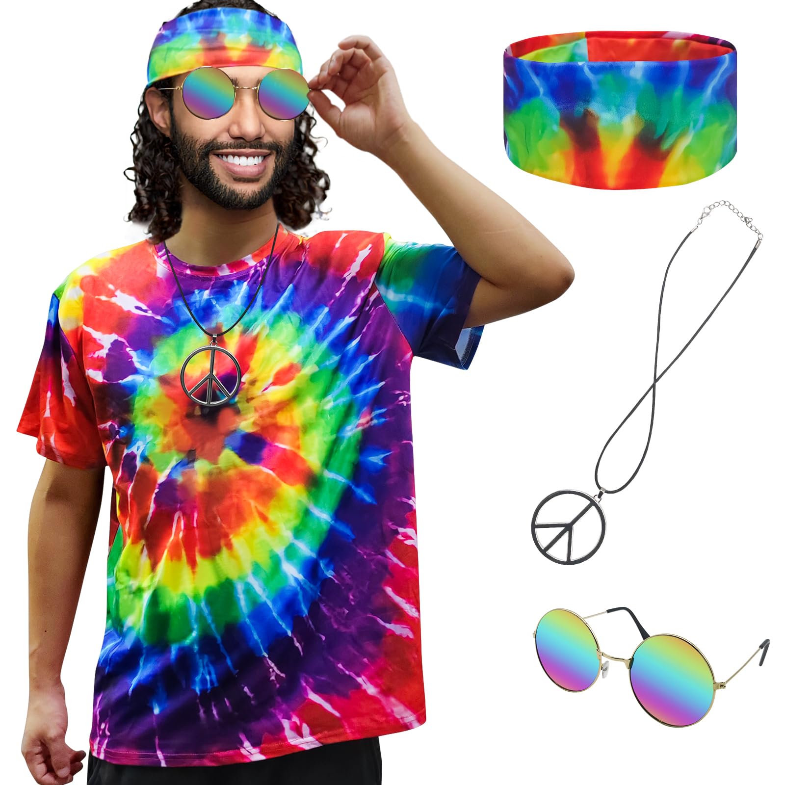Photo 1 of XonyiCos Hippie Costume for Men Women 60s and 70s colorful T-shirt sunglasses headband Peace necklace 4-piece theme party (Tie-dye 4 piece set, XX-Large)