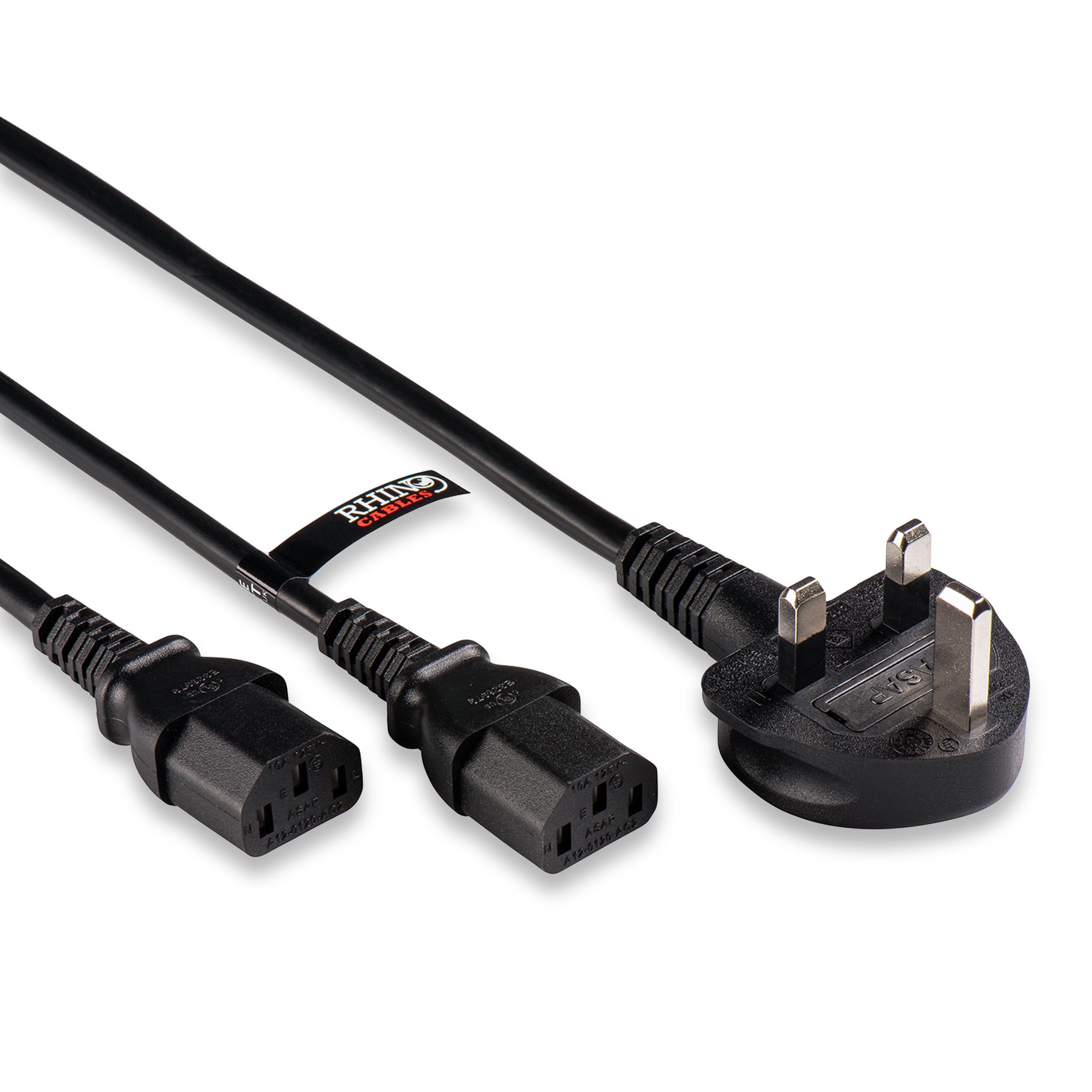 rhinocables UK Plug to Dual C13 Power Splitter – IEC Kettle Cable for PC Towers, Dual-Screen Monitors, Servers & Media Devices | 3-Pin Fused Lead for Tidy, Efficient Power Distribution (2m, Pack of 1)