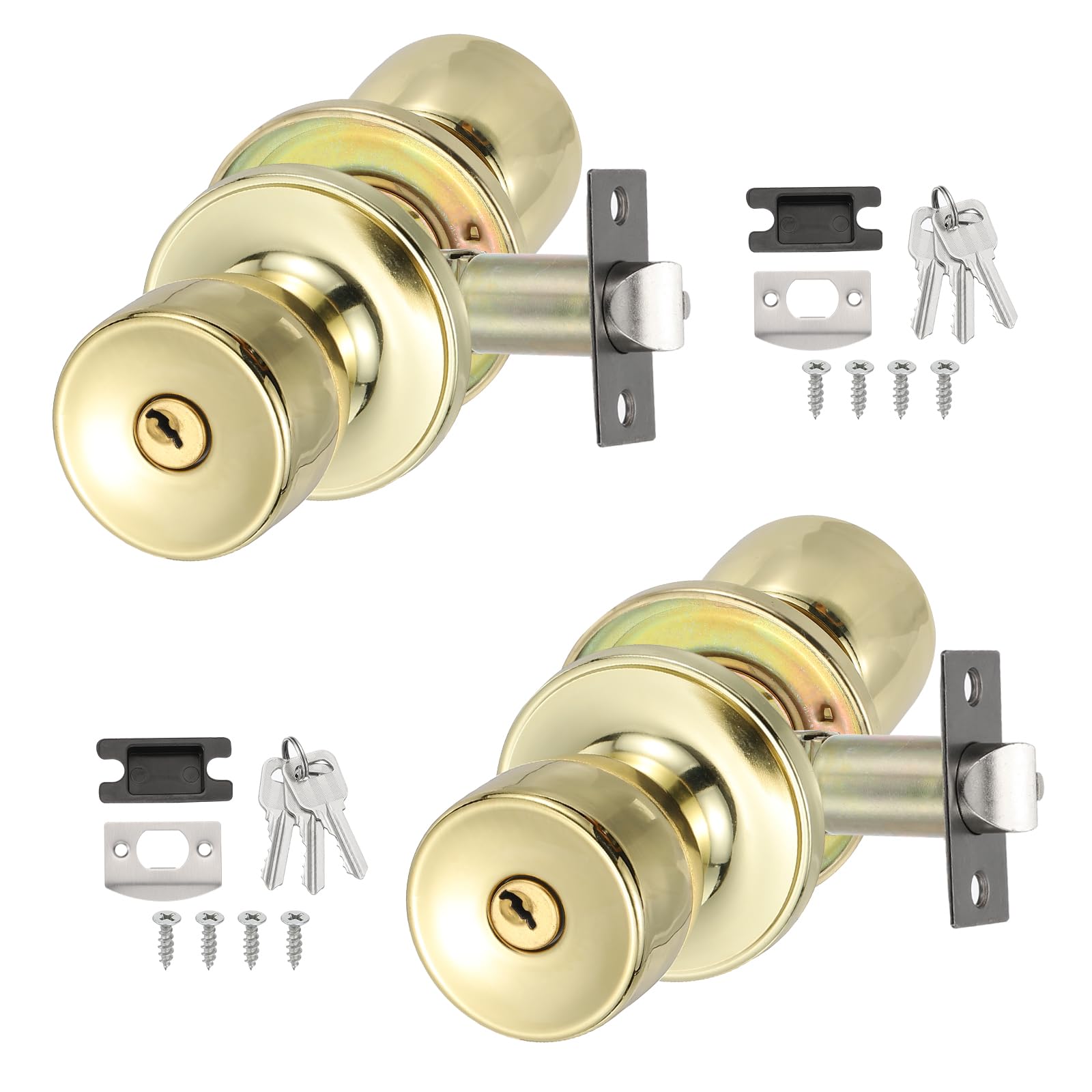 PATIKIL Key Entry Door Knobs Interior, 2 Pack Round Zinc Alloy Bedroom Bathroom Door Knob with Lock Entry Indoor Outdoor Door, Gold