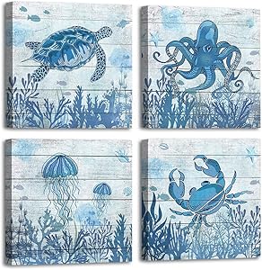 Ocean Decor Wall Art Marine Life Modern Canvas Artwork Indigo Turtle Contemporary Canvas Picture for Bedroom Bathroom Living Room Kitchen Office Home Decor Framed Ready to Hang 12