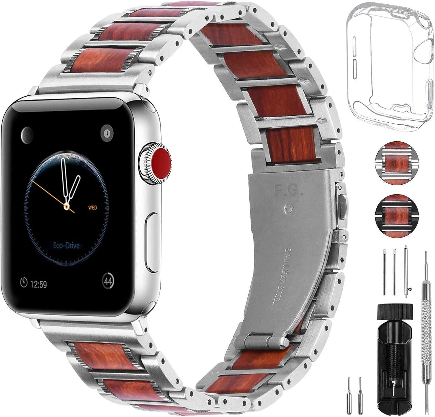 Fullmosa Apple Watch Band 38mm 42mm 40mm 44mm,2 Colors Sandal Wooden Metal Strap Compatible with iWatch Band Series SE/6/5/4/3/2/1