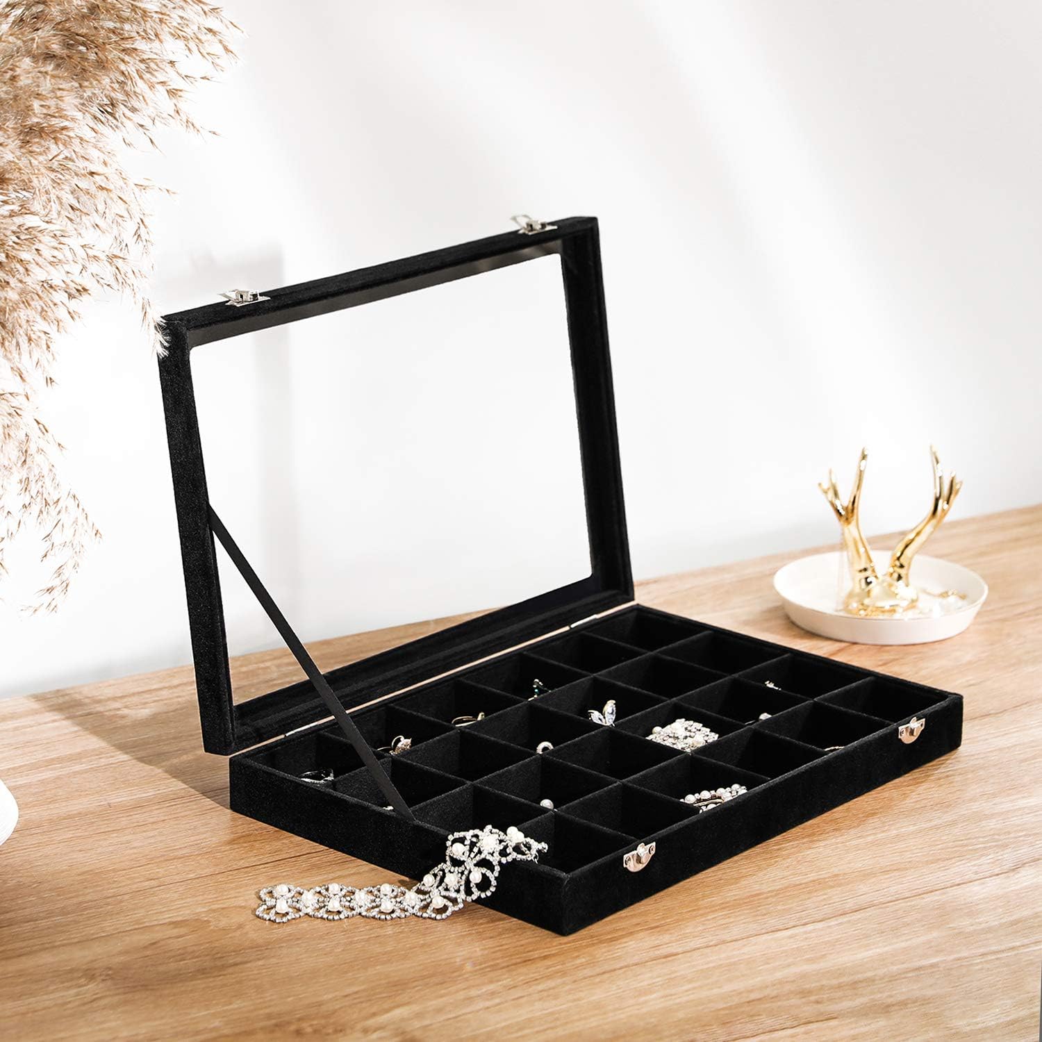 SONGMICS Jewelry Box Display Case with a Clear Glass Window and 24 Compartments, Black: Furniture & Decor