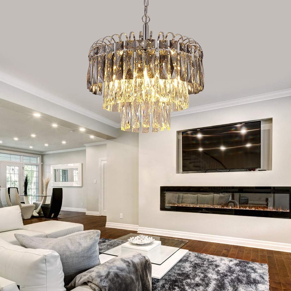 Q&S Crystal Chandelier Lighting, Modern Chrome Chandeliers, K9 Crystal Smoky+Clear, 4 Lights Pendant Light Ceiling Light Fixture For Dining Room, Living Room, Kitchen Island,W17.1".: Home Improvement