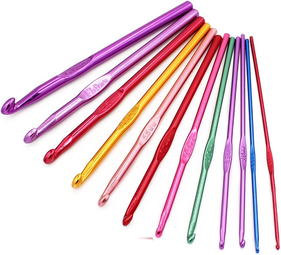 Metal Crochet Hook Set 12PCS Multicoloured Knitting Needles in Different Sizes 2mm to 8mm
