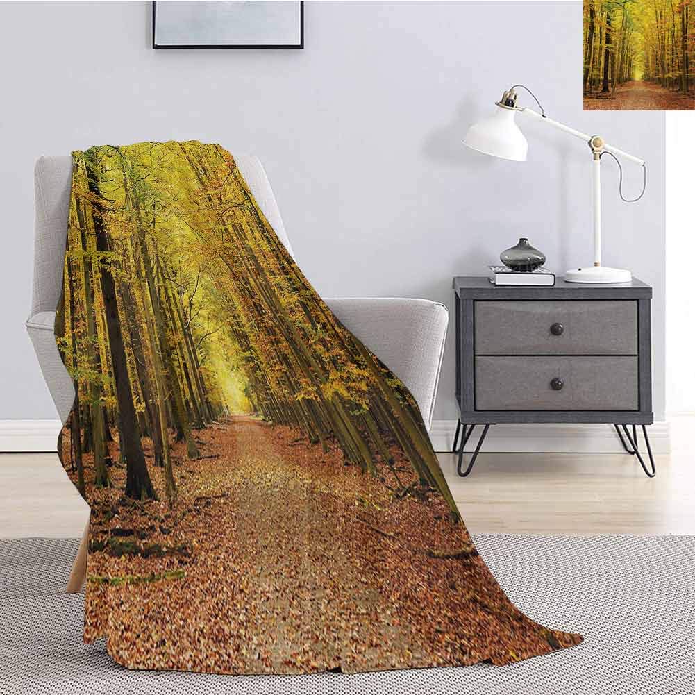 Tr.G Fall Rugged or Durable Camping Blanket Pathway in Autumn Forest with Faded Seasonal Leaves Dramatic Romantic Season Scene Warm and Washable W70 x L70 Inch Yellow Brown
