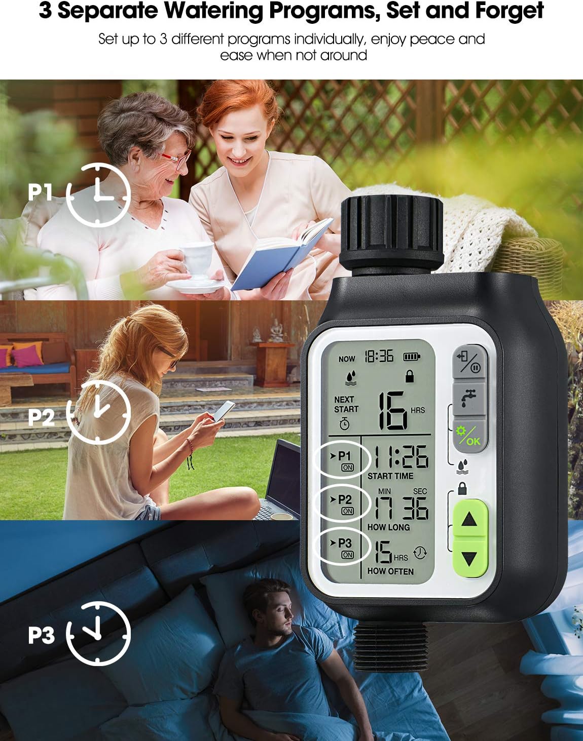Homitt Water Timer, 3 Separate Watering Programs Sprinkler Timer with Rain Auto Sensor Function, Hose Timer/Single Valve Faucet Timer for Garden, Drip Irrigation, Sprinkle System, Rain Barrel : Garden & Outdoor