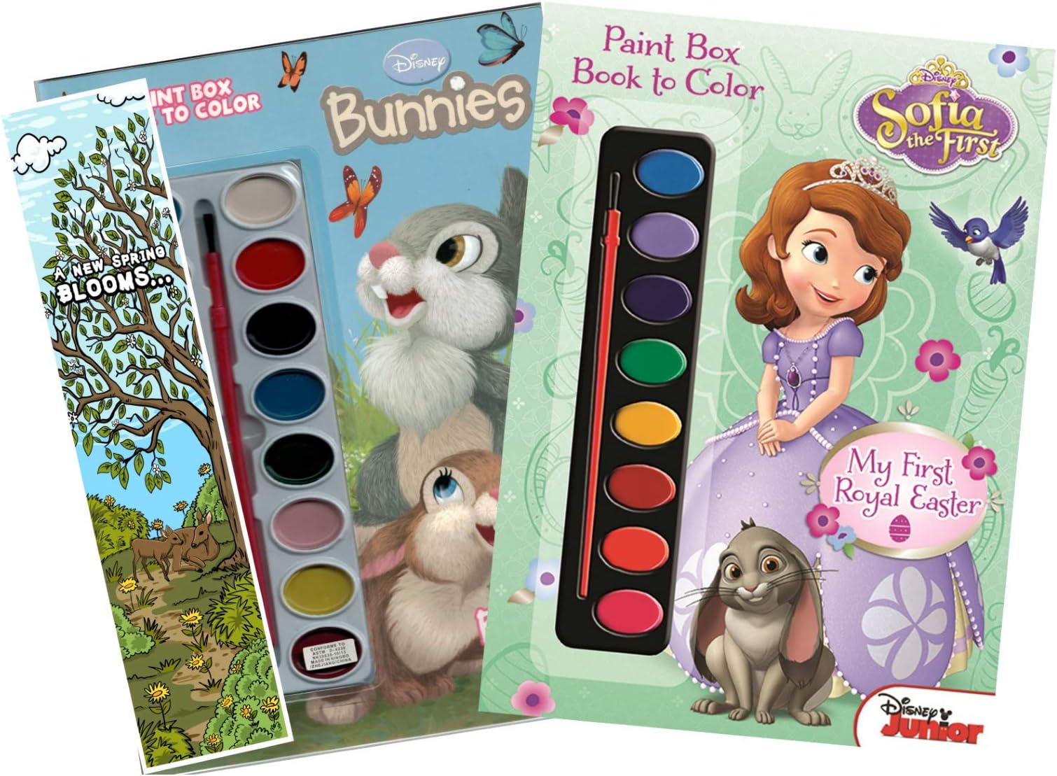 KaleidoQuest Bundle of 3 Spring-Themed Coloring Items - Disney Bunnies and Sofia The First 48-Page Bunny Days Coloring and Activity Book with Watercolors A New Spring Blooms... Colorable Bookmark
