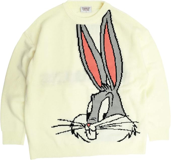 Amazon ルーニーテューンズ ニット Looney Tunes インパクト ニットセーター ジャガード セーター ビッグシルエット キャラクターフェイス アイボリー Mサイズ セーター 通販