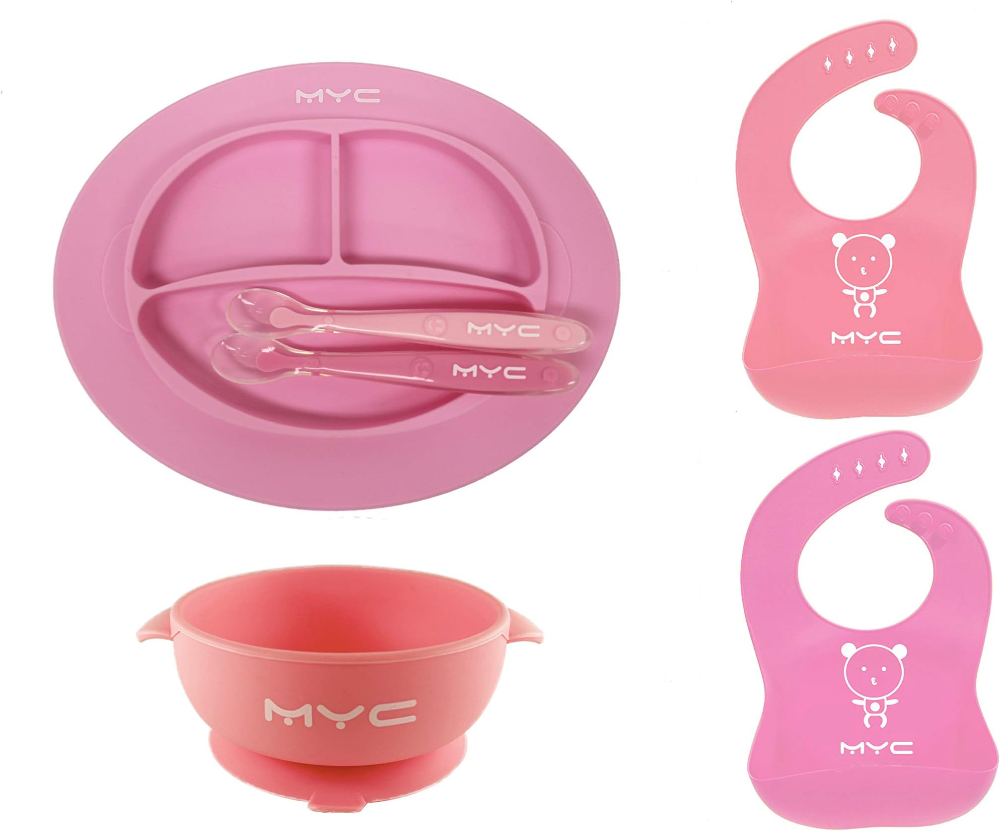 MYC Babystyle 6pc Baby Feeding Set, Toddler Bowl and Plate Set, 2 Silicone Bibs+ 2 Spoons+ 1 Suction Plate+ 1 Suction Bowl, Baby Dinnerware Set (Pink+Purple)