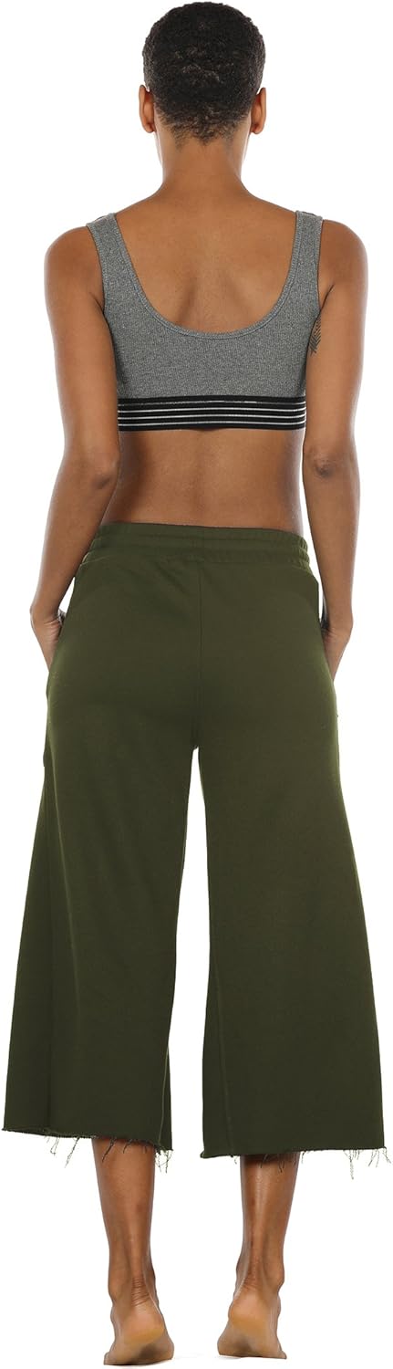 icyzone Culottes Capri Pants for Women - Elastic Waist Wide Leg Joggers Casual Lounge Cotton Sweatpants with Pockets: Clothing