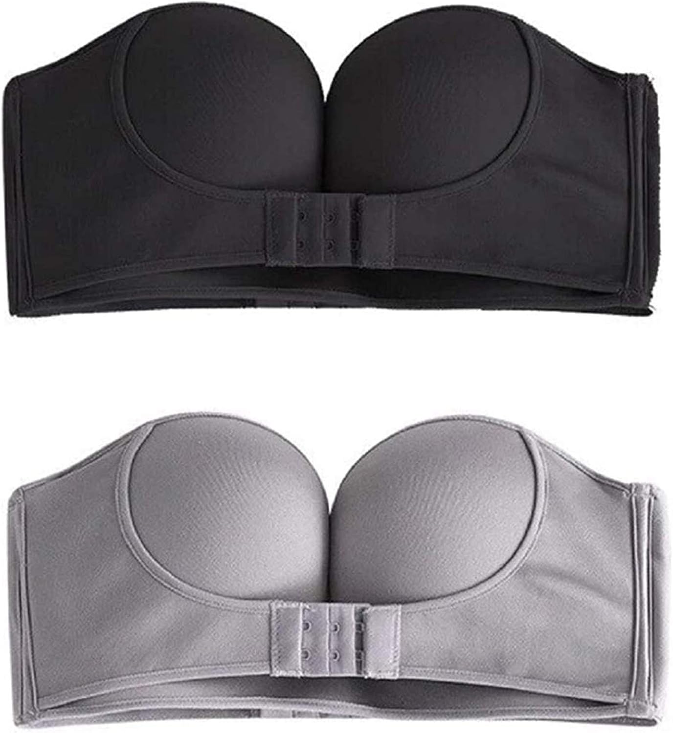 GZMMYI 2 Pcs Womens Strapless Bra Front Buckle Lift Push Up Plunge Plus Size Underwear Seamless