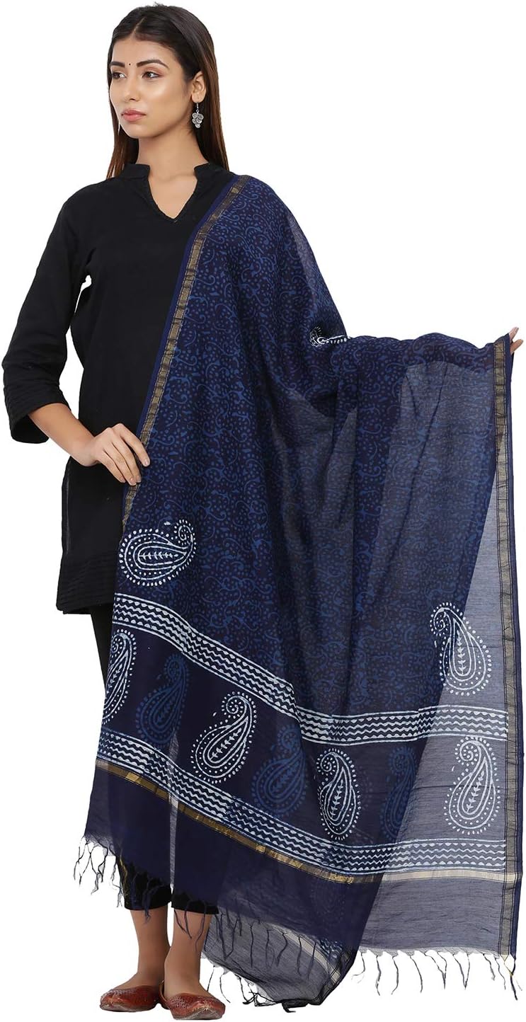 JABAMA Block Printed Dupatta for Women Free Size 2.25 Length Navy Color Ethnic wear Scarf for Women Cotton Dupatta