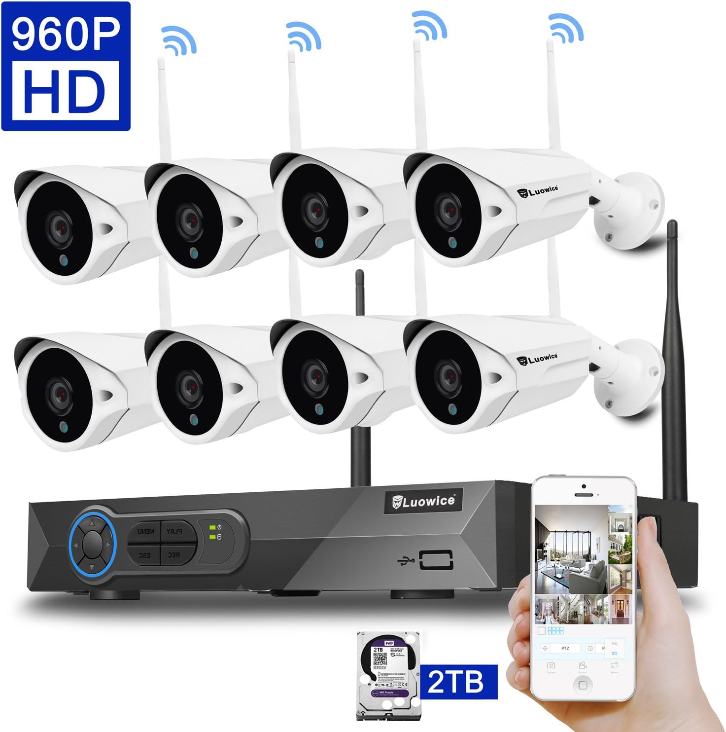 Luowice 8CH Wireless Security Camera System with 8x960p HD Indoor/Outdoor IP Cameras and 2TB HDD Preinstalled 100ft IR Night Vision IP66 Waterproof