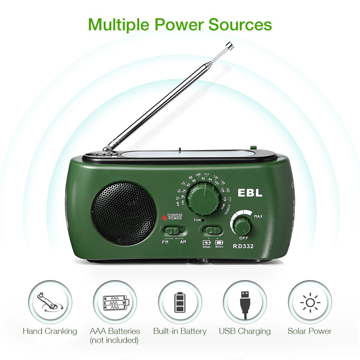 EBL Portable FM/AM Radio Emergency Solar Hand Crank Rechargeable Radio with LED Flashlight for Household Camping Traveling (Green)