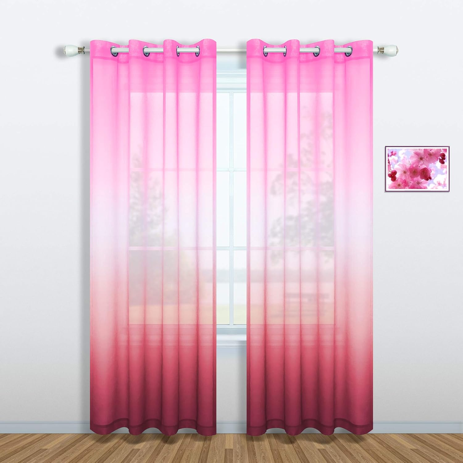 Pink and Raspberry Curtains for Bedroom Decor Grommet Flower Sheer Ombre Shade