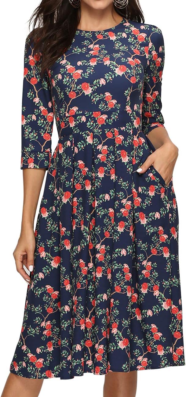 Simple Flavor Women's Floral Vintage Dress Elegant Midi Evening Dress 3/4 Sleeves