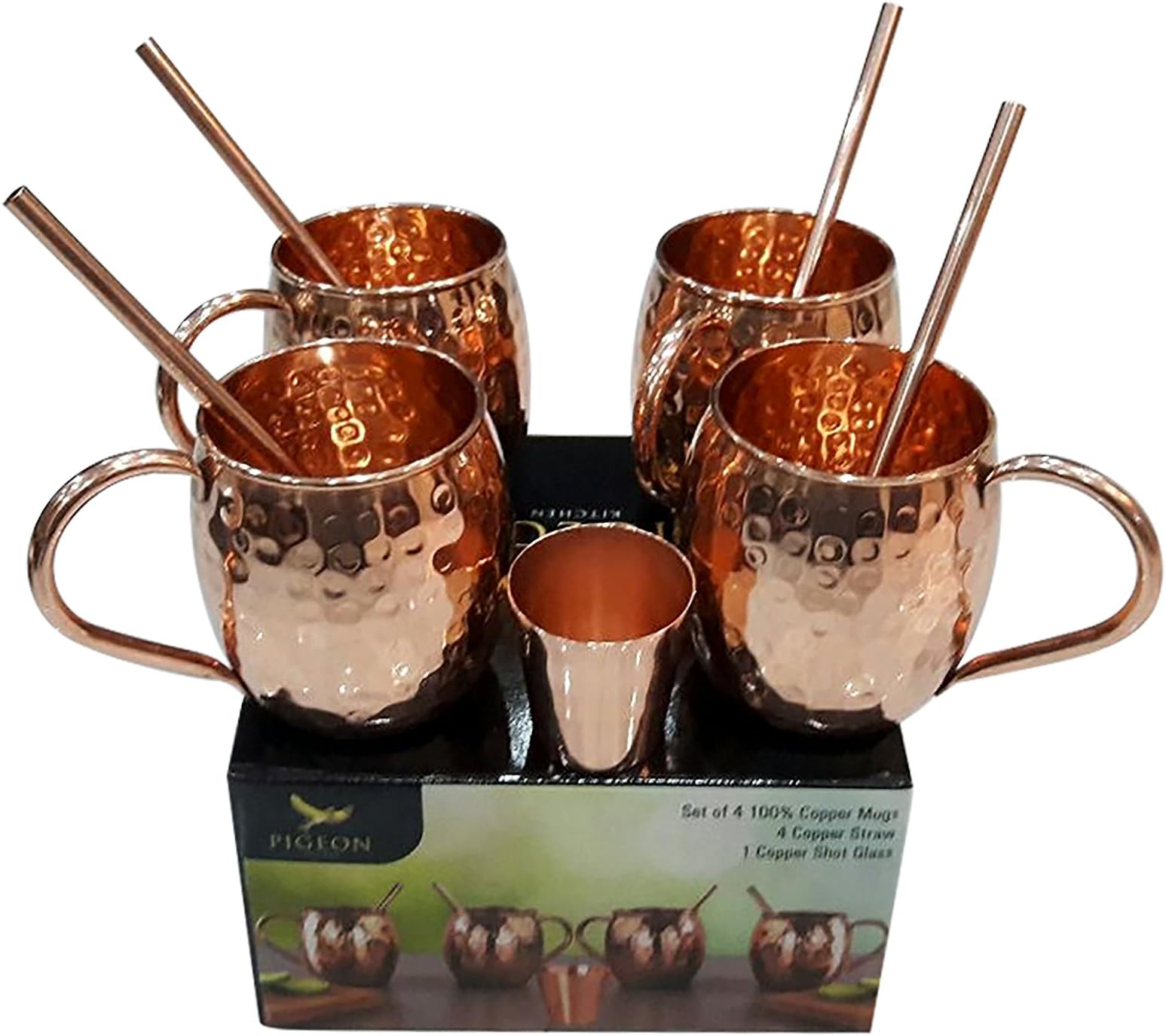 Moscow Mule Copper Mugs - Set of 4 Copper Cups & Copper Handles - 100% Pure Solid Copper Cups – Tarnish - Resistant Coating - Authentic - Gift Set including Bonus Shot Glass and 4 Copper Straws 16 Oz