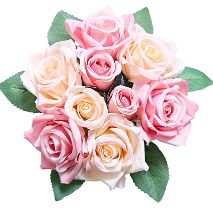 Pauwer Fleurs De Roses Artificielles 9 Têtes De Faux Bouquet De Roses En Soie Bouquet De Mariage Fête De Mariage Maison Jardin Bricolage Décoration