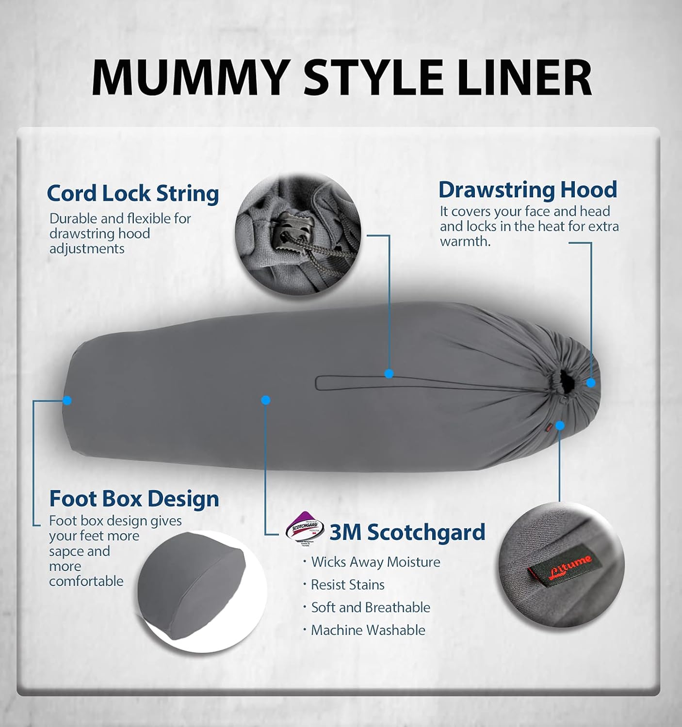 Litume All Season Sleeping Bag Liner Adds Up to 27F, Compressible and Lightweight Mummy Sleeping Sack for Backpacking, Camping, Lightweight Sleep Sack with Drawstring Hood, with Stuff Sack (E629) : Sports & Outdoors