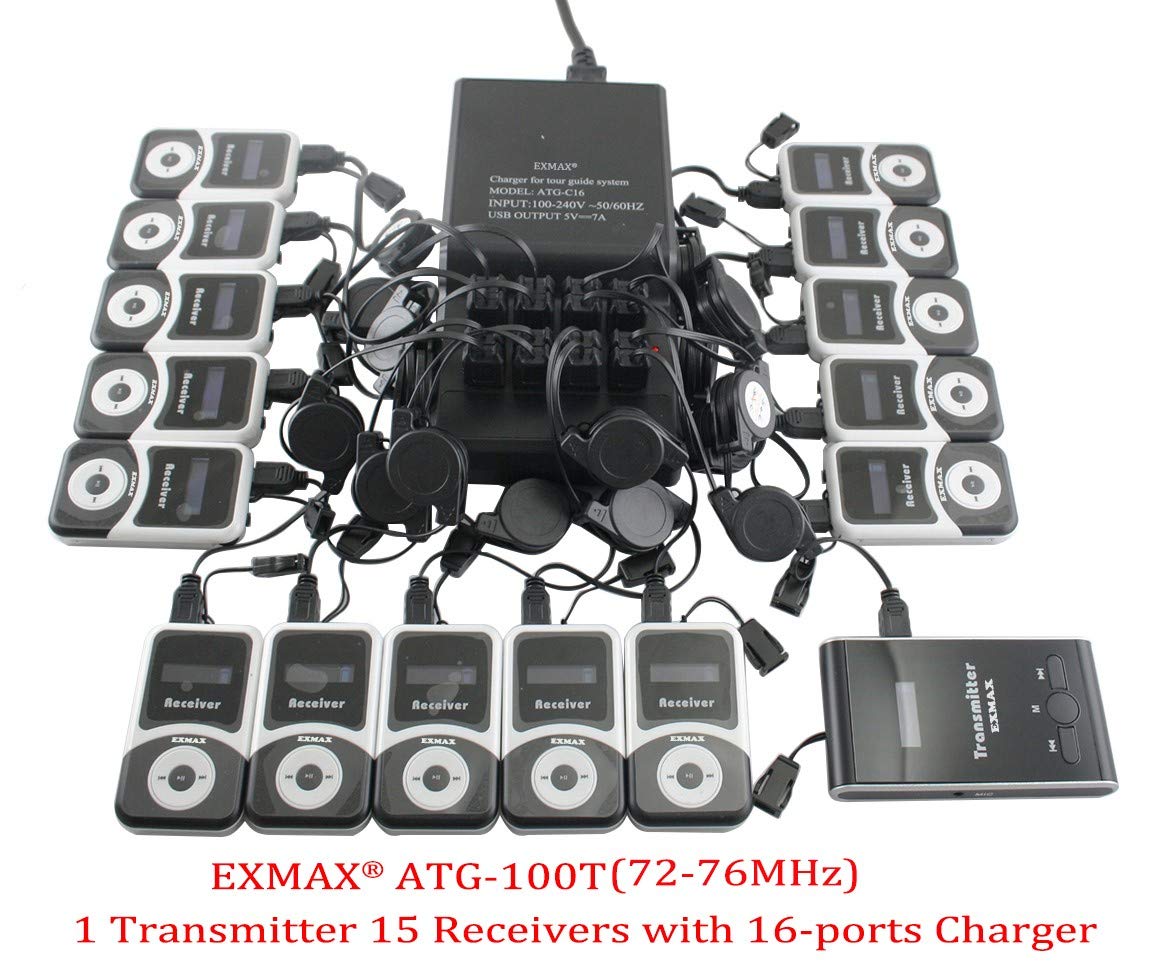 EXMAX® ATG-100T 195MHz Wireless Tour Guide System Simultaneous Translation Interpreting Equipment for Church Translator in Your Ear Translation Devices 1 Transmitter 15 Receivers + Charge Station