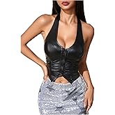 MakeMeChic Women's Leather Tops Halter Asymmetrical Sleeveless Button Down Y2K Crop Corset Tops Cowboy Chic