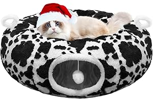 CCKUU Cat Tunnel Bed for Indoor Cats, Soft Plush Donut Peekaboo Cat Cave, Multifunctional Playground Toy for Small Medium Large Cats, Kittens, Rabbits, Ferrets, with Washable Cushion (Black&White)