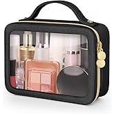Soimeat Clear Makeup Bag, Portable Travel Cosmetic Bags, Multipurpose Leather Toiletry Bag with Zipper, Waterproof Transparent Cosmetic Organizer for Women, Medium, Black