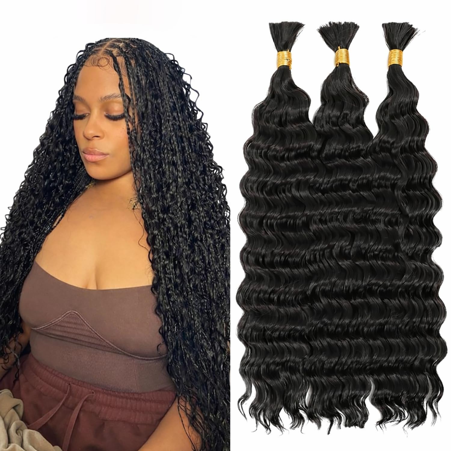 Deep Wave Bulk Human Hair for Braiding Human Braiding Hair 3 Bundles 150g 20Inch No Weft 12A Brazilian Virgin Curly Hair Extensions for Boho Braids Wet and Wavy Human Hair Boho Braiding Hair — image 1