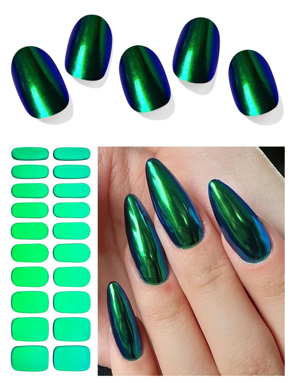 AutyaMee Semi Cured Gel Nail Strips (Green Chrome), Mirror, Holographic, 20 Pcs Gel Nail Wraps, Stickers, UV Light Required, Salon Quality, Long Lasting
