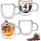 Mfacoy Double Wall Insulated Glasses Espresso Cups Set of 4 (50% Thicker), 5 oz Clear Coffee Cups with Handle, Shot Glasses, Suit for Espresso Machine, Latte, Cappuccino, Glass Coffee Mugs