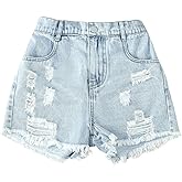 Floerns Girl's Ripped Raw Hem Elastic Waist Straight Leg Denim Shorts with Pockets
