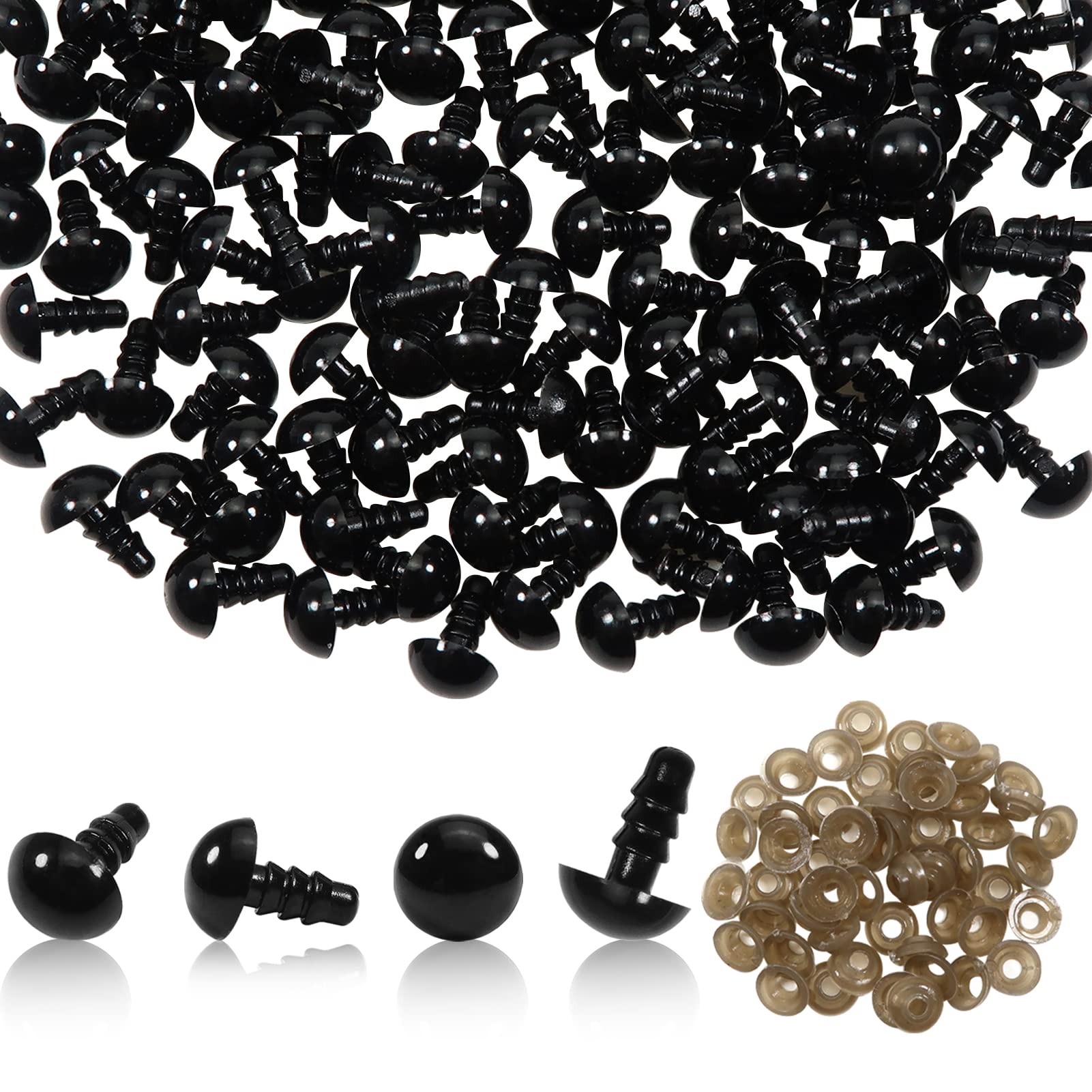TOAOB Pack of 50 9 mm Black Safety Eyes for Crochet Animals with Washers Plastic Doll Eyes for Puppet