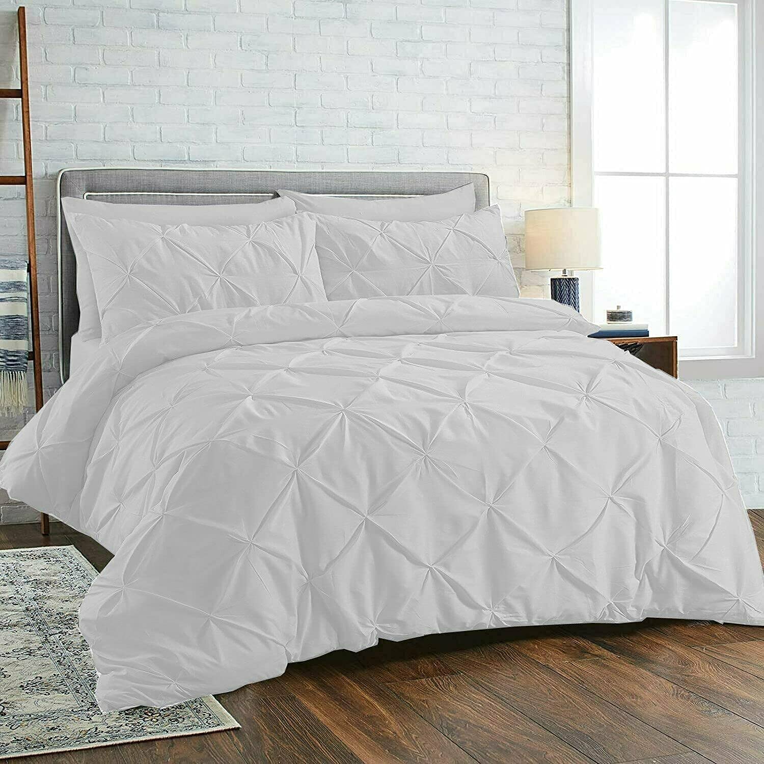 SeventhStitch Pinch Diamond Pleated Pintuck Duvet Cover Set 100% Cotton Quilt Covers Bedding Bed Sets Single Double Super King with Pillow Cases (White, Super King)