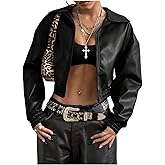 BEAUDRM Women's Y2K Faux PU Leather Jacket Crop Zip Up Motorcycle Coat Long Sleeve Drop Shoulder Motor Bike Jacket Streetwear