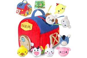 Baby Toys 6-12 Months,Montessori Barn Toys with 8 Stuffed Farm Animals with Rattle Crinkle & Mirror,Sensory Toys for Toddler,