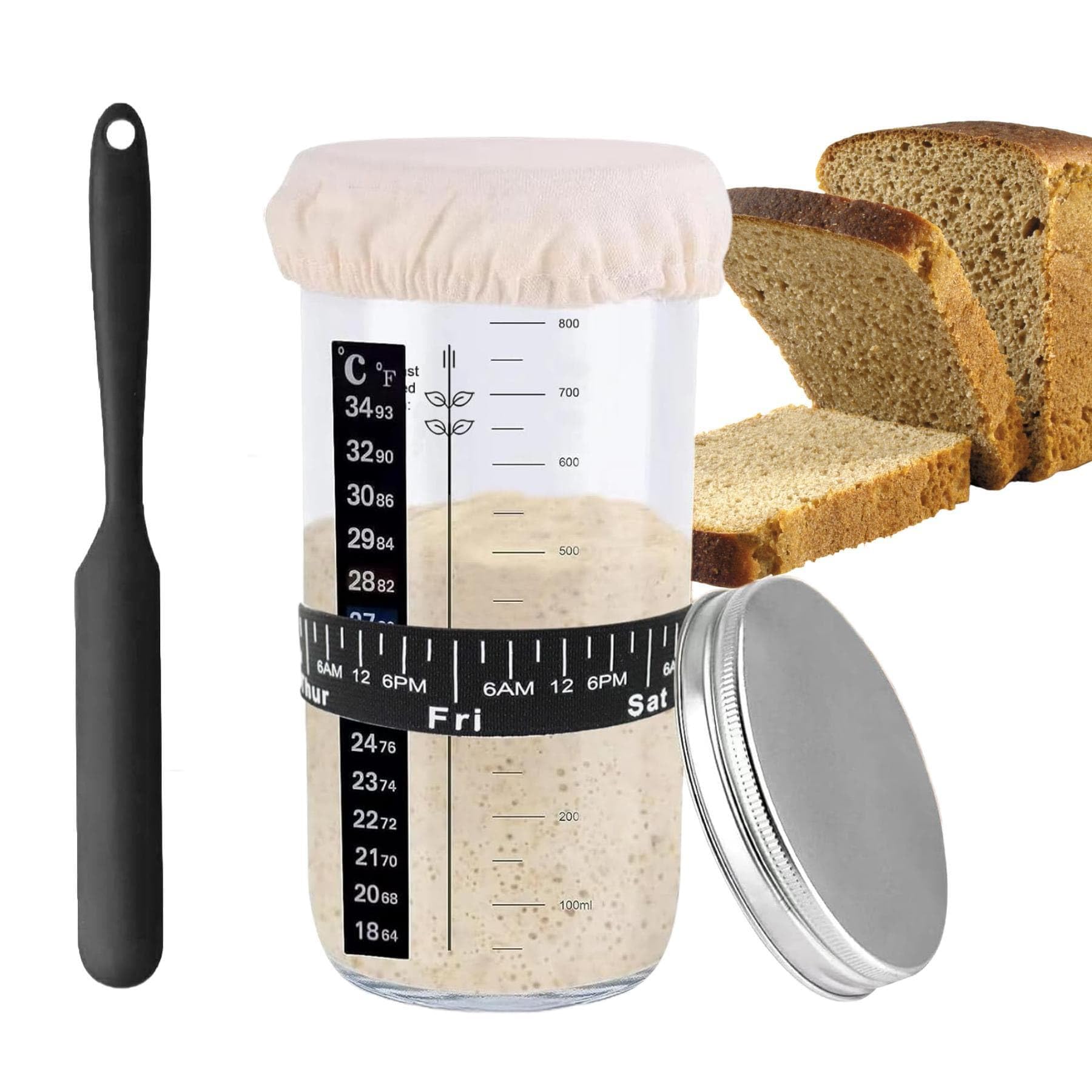 Eidoct Sourdough Starter Jar Kit, 1000ml Sourdough Starter Jar with Aluminum Lid, Date Marked Feeding Band, Silicone Scraper, Cloth Cover and Thermometer Band