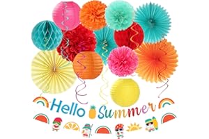 Summer Luau Hawaiian-Beach Party-Decorations Supplies - 21pcs Hello Banner,Pool Paper Lanterns Honeycomb,Hanging Streamers Garland,Tissue Pom Poms Flowers Fans,Tropical Outdoor Theme Decor Burgleda