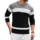 LecGee Mens Contrast Color Patchwork Sweater Crewneck Cable Knit Pullover Sweater Casual Twist Textured Sweaters