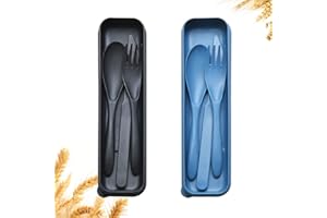 YDYTOP Reusable Travel Utensils Set with Case, 2 Sets Wheat Straw Portable Plastic Fork Spoons Knife Camping Cutlery, Eco-Friendly BPA Free Lunch Tableware for Kids Adults Travel Picnic Utensils
