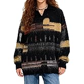 Bakyarder Oversized Polo Sweater Unisex Colorblock Wool Blend Pullover with Collared Neck